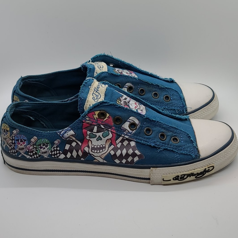 Ed Hardy men's blue canvas slip on shoes